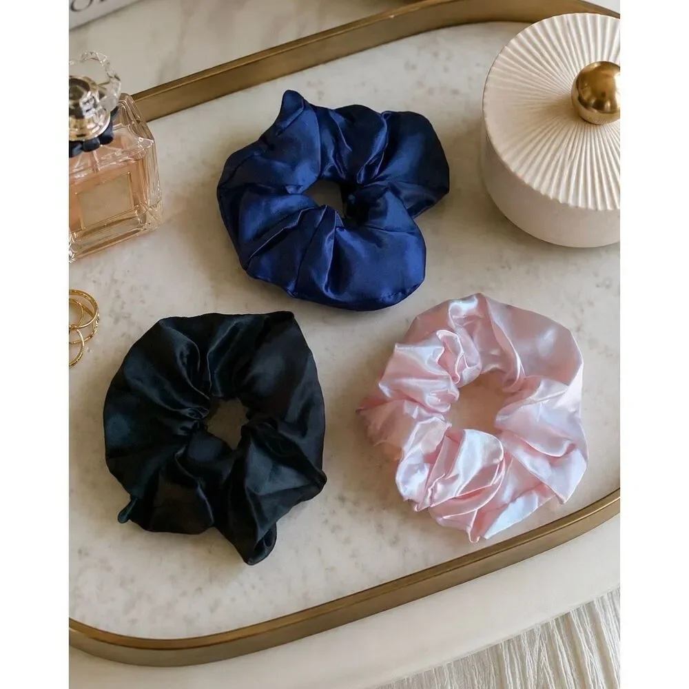 Set of 3 Oversized Silky Satin Scrunchies - Black, Pink & Blue